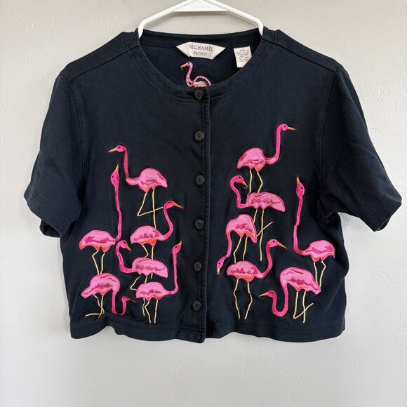 VTG Bechamel Petites Short Sleeve Black Cardigan Pink Embroidered Flamingos PM - Picture 1 of 6
